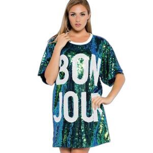 BONJOUR Sequin T-Shirt Dress | Shimmering Blue/Green Iridescent | Size M
